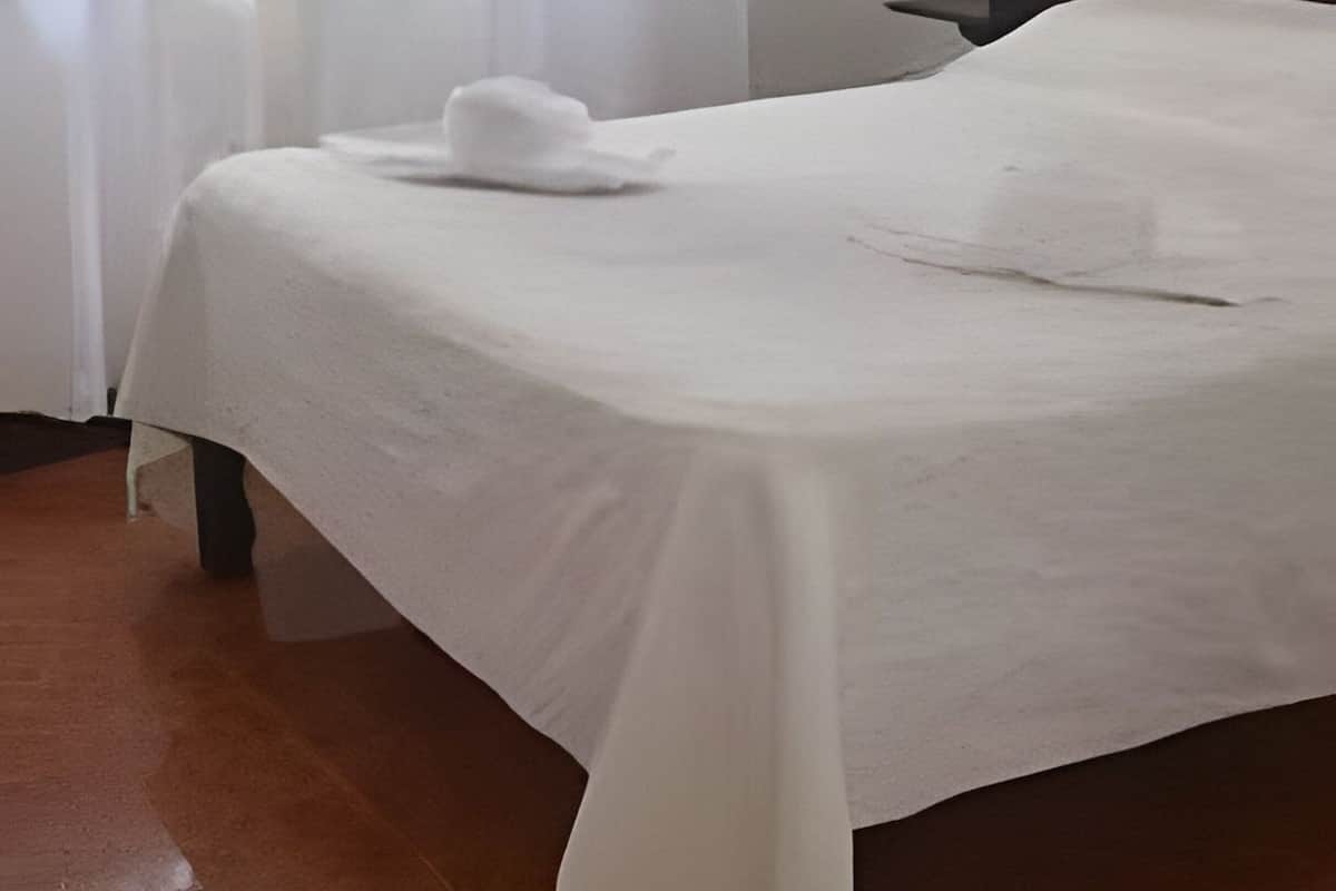 Una cama bien hecha con una colcha y una toalla blancos, un cabecero oscuro y una ventana con cortinas de tul blanco.