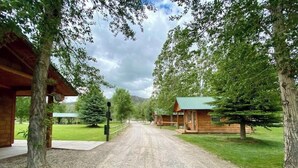 Un chemin de gravier mène à un chalet rustique doté d’un toit végétalisé, entouré d’arbres et d’une pelouse.