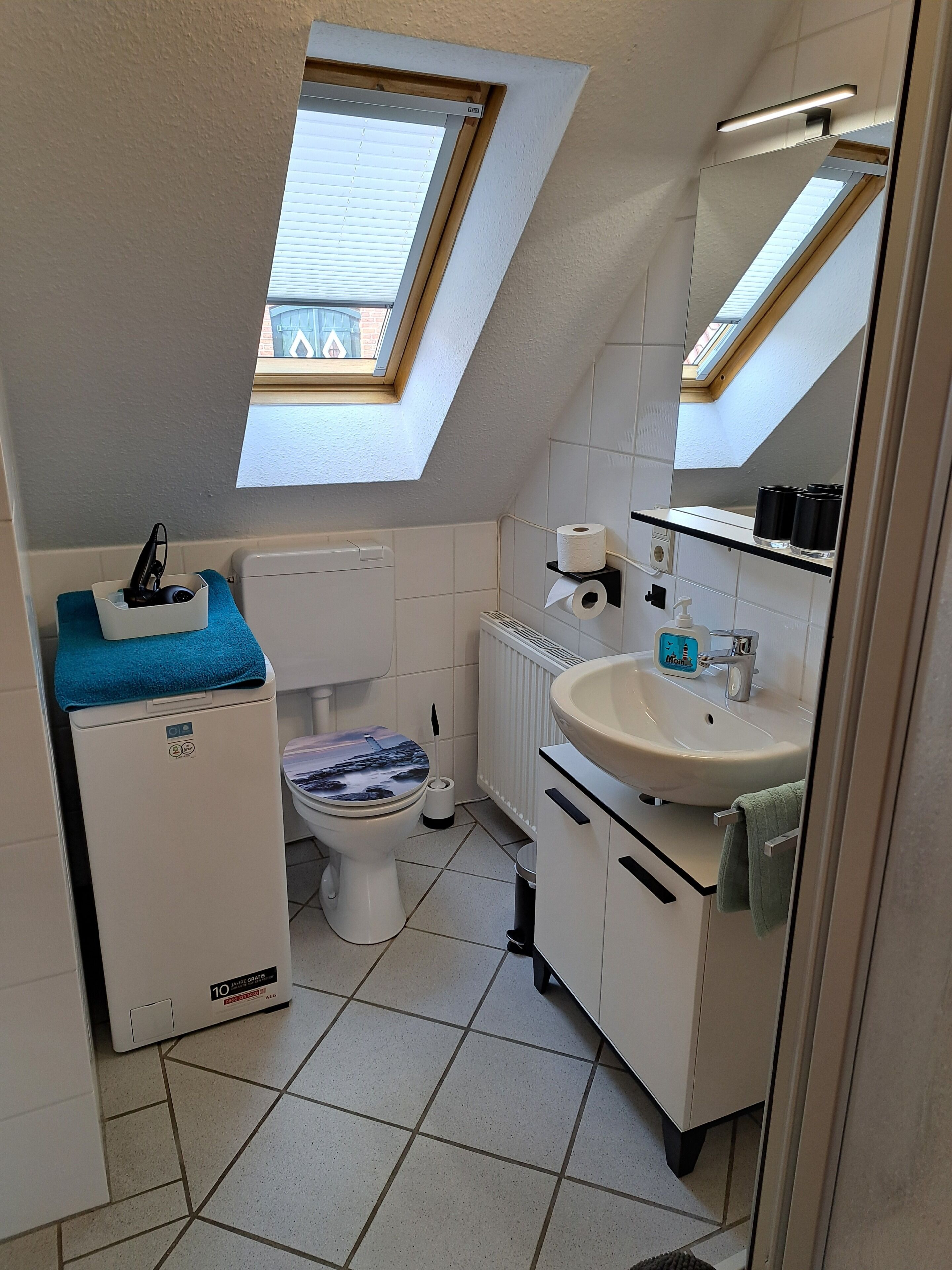 A compact bathroom with a skylight, a toilet, a sink, and a compact washing machine.