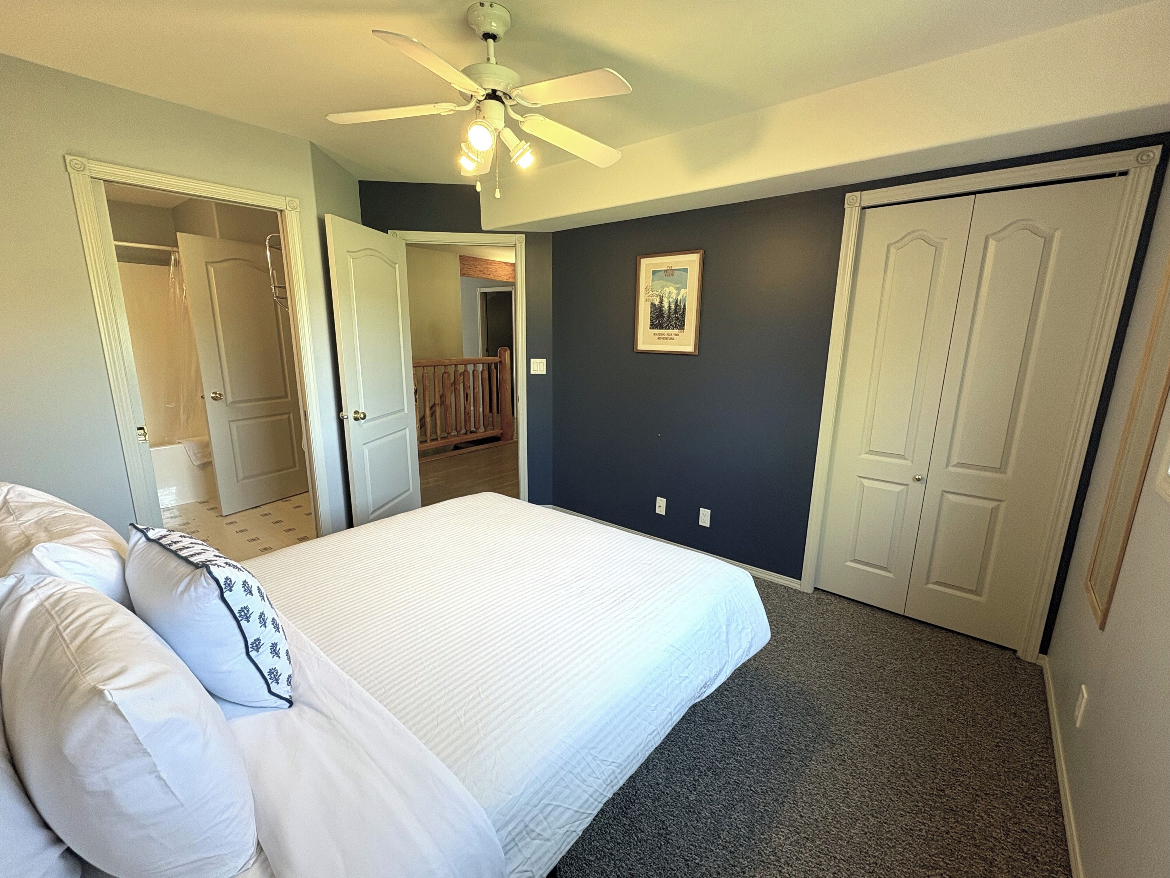 A bedroom with a bed, a ceiling fan, a door, and a framed picture on the wall.