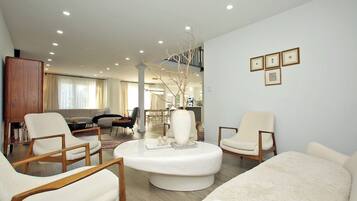 Smart TV, fireplace, books, printers