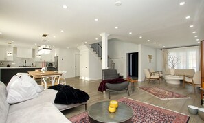 Smart TV, fireplace, books, printers
