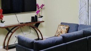 Una sala de estar con un sofá de color oscuro, un televisor de pantalla plana montado en la pared, una mesa de centro de madera y una planta decorativa.