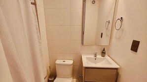 A bathroom with a toilet, sink, and mirror. - Confort de Ñuñoa (Santiago)