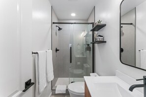 Shower, hair dryer, towels, soap