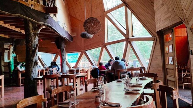 Un intérieur en bois, doté de grandes fenêtres et d’un espace repas avec des tables et des chaises.