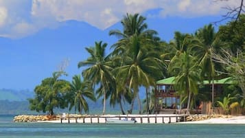 A beach with palm trees, a wooden structure, and a mountain in the background.
