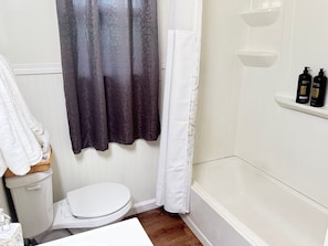 Hair dryer, towels, soap, toilet paper