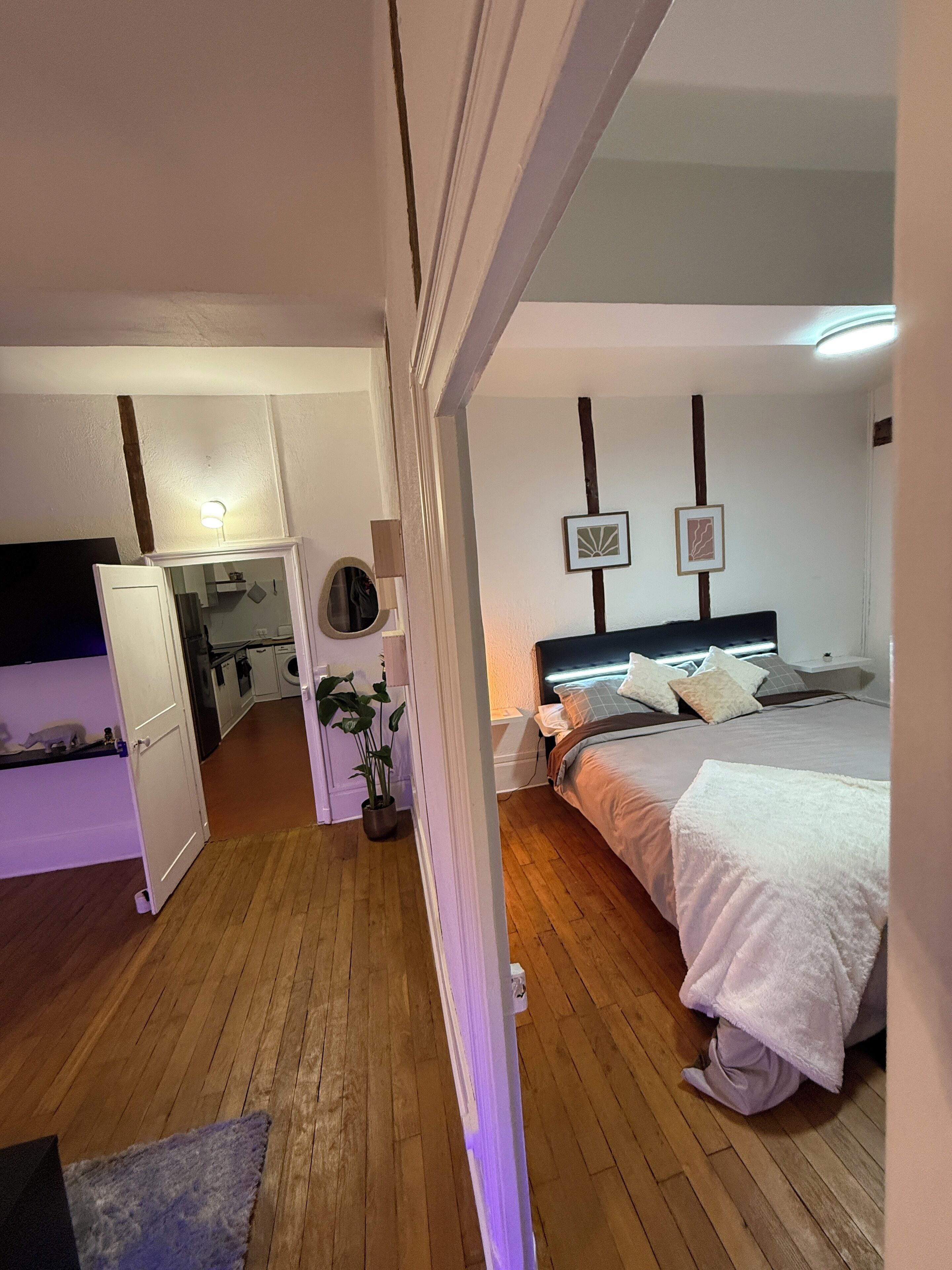 Ein Schlafzimmer mit Bett, Kleiderschrank, Spiegel und einer Zimmerpflanze.