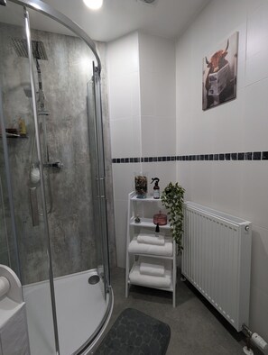 Douche, sĂšche-cheveux, serviettes fournies, savon