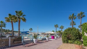 A poolside area with palm trees, lounge chairs, and a clear blue sky.
