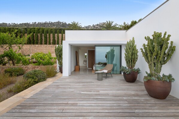 A modern outdoor patio with a wooden deck, a glass door leading to a room, and large potted cacti.