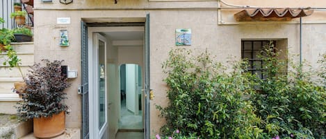 A building entrance with a door, potted plants, and a small window.
