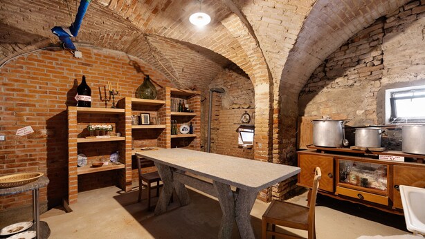 A rustic kitchen with brick walls, a stone table, wooden cabinets, and various kitchen utensils. - Holiday Home 'Dello Zio Birba' with Balcony and Wi-Fi (Portacomaro)