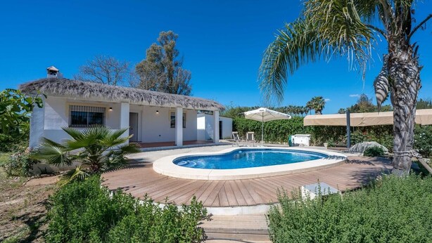 A pool with a wooden deck, a thatched-roof building, and lush greenery.