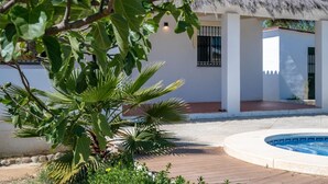 A pool area with a thatched-roof building, surrounded by greenery.