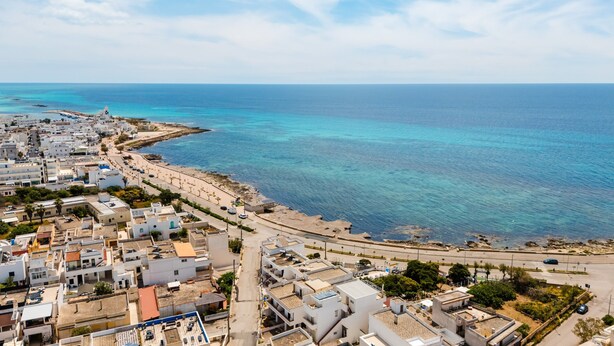A coastal town with buildings along the beachfront, a clear sky, and a view of the sea. - Holiday Home 'La Casetta 462' with Wi-Fi (Torre San Giovanni)