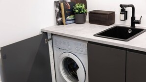 A compact laundry area with a washing machine, a sink, and a potted plant.