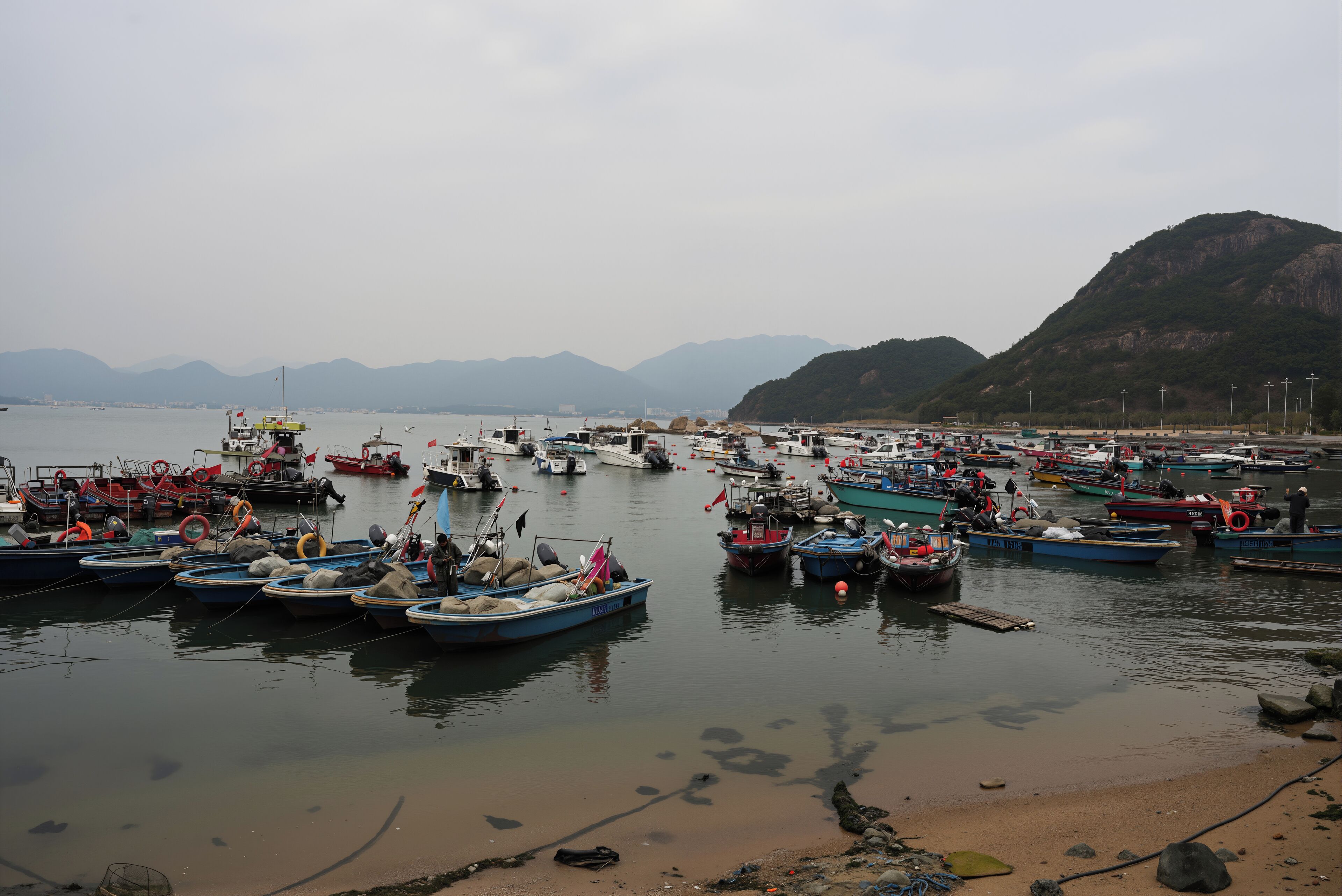 Un port de plaisance où sont amarrés de nombreux bateaux, avec une eau calme et un paysage montagneux en arrière-plan.