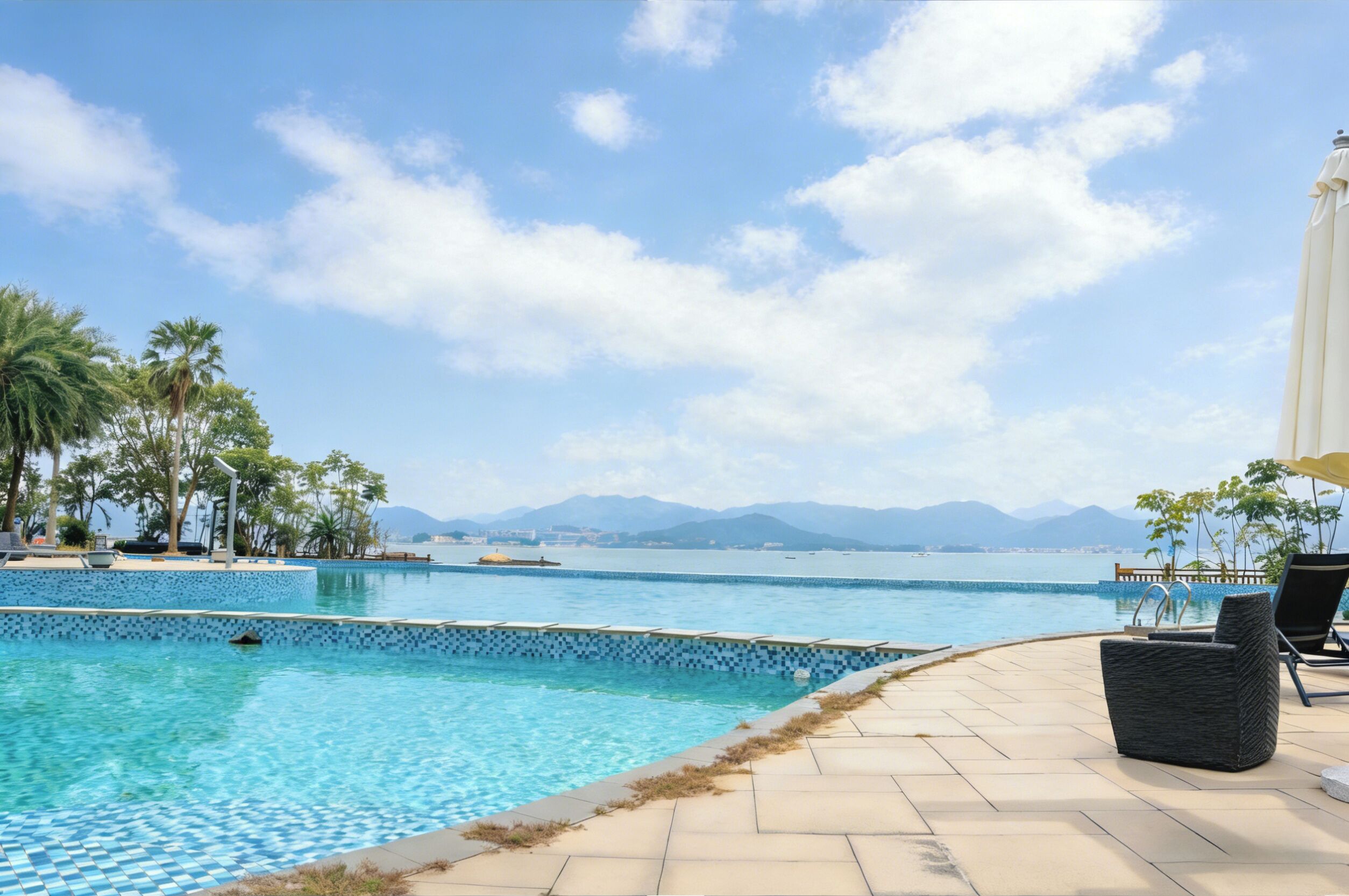 Seasonal outdoor pool, pool umbrellas