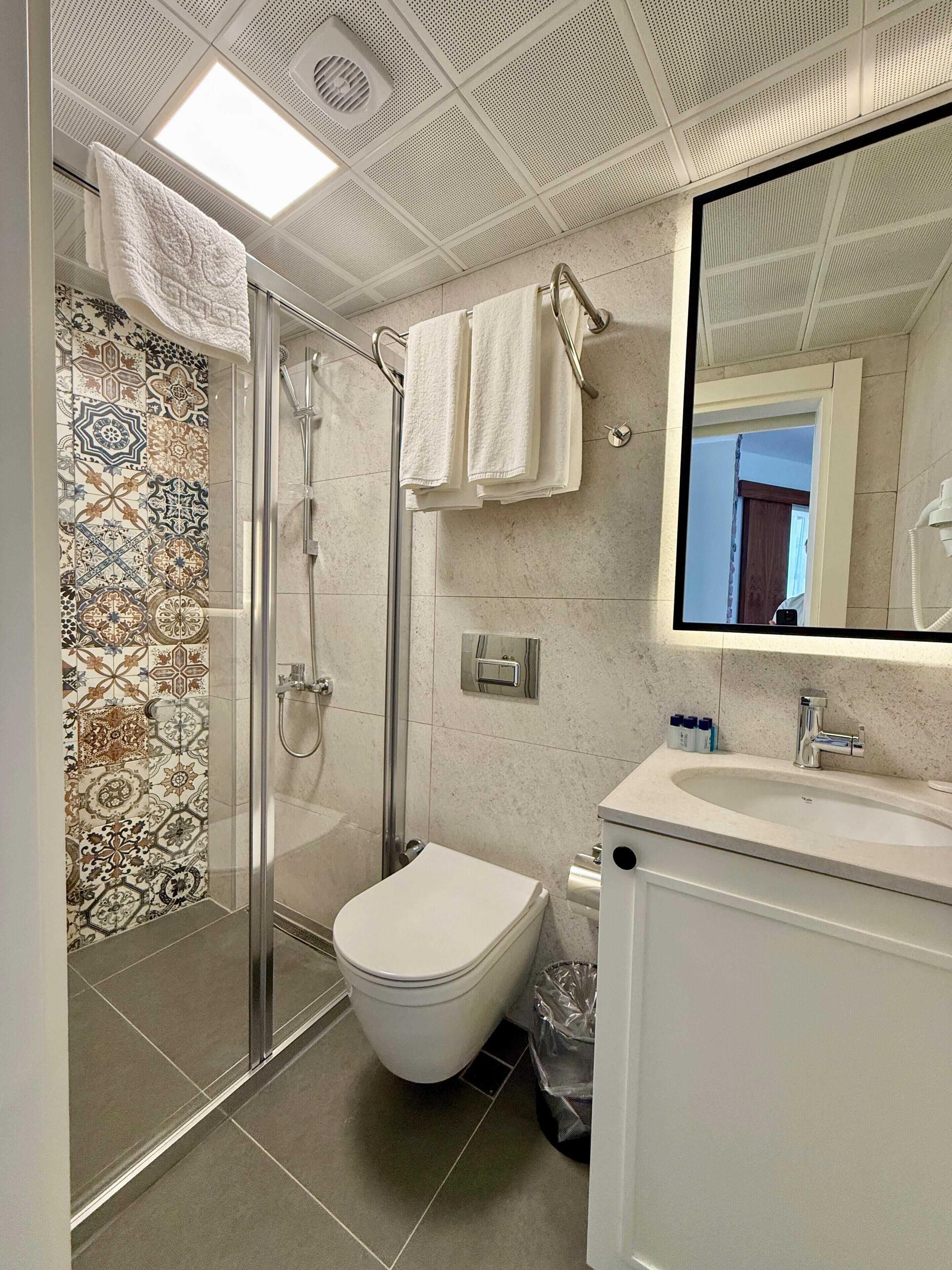 A modern bathroom with a shower, toilet, and sink.