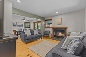 Smart TV, fireplace, foosball