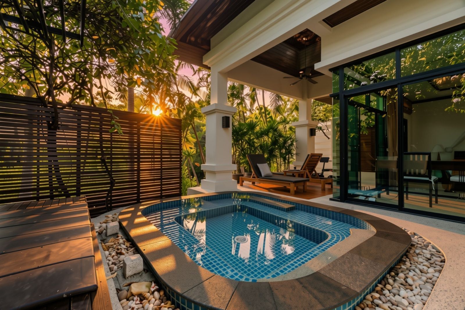 A swimming pool with a tiled edge, surrounded by a patio area with seating and a view of the outdoors.