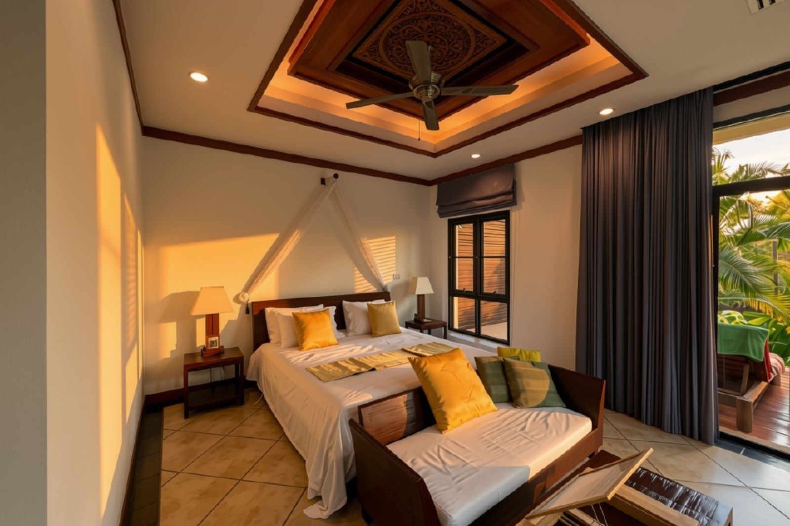 A bedroom with a bed, bedside tables, a ceiling fan, and a view of the outdoors.