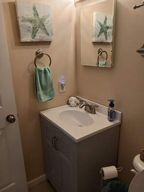 Hair dryer, soap, toilet paper