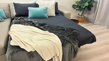 1 habitación, escritorio, tabla de planchar con plancha y cuna de viaje