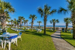 Enjoy al fresco dining on the deck overlooking the ocean.