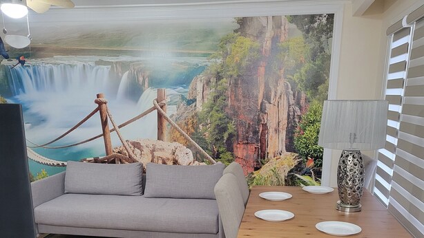 Un saló amb un sofà, una taula de dinar amb caires, una televisió i un mural d'una cascada.
