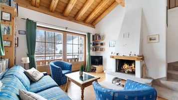 Smart TV, fireplace, books