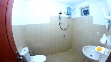Shower, free toiletries, towels, soap