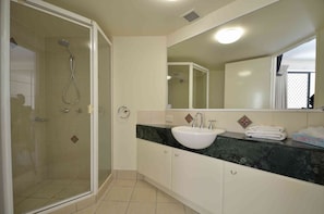 Shower, hair dryer, towels