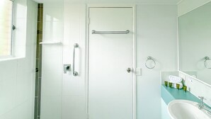 A modern bathroom with a glass shower enclosure, a white sink, and a mirror.