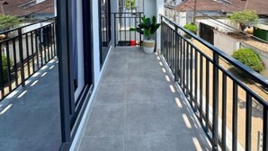 A narrow balcony with a tiled floor, black railings, and a potted plant.