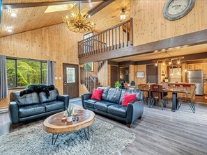 Smart TV, fireplace, table football, books