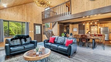 Smart TV, fireplace, foosball, books