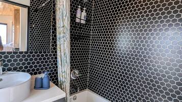 Hair dryer, towels, soap, shampoo
