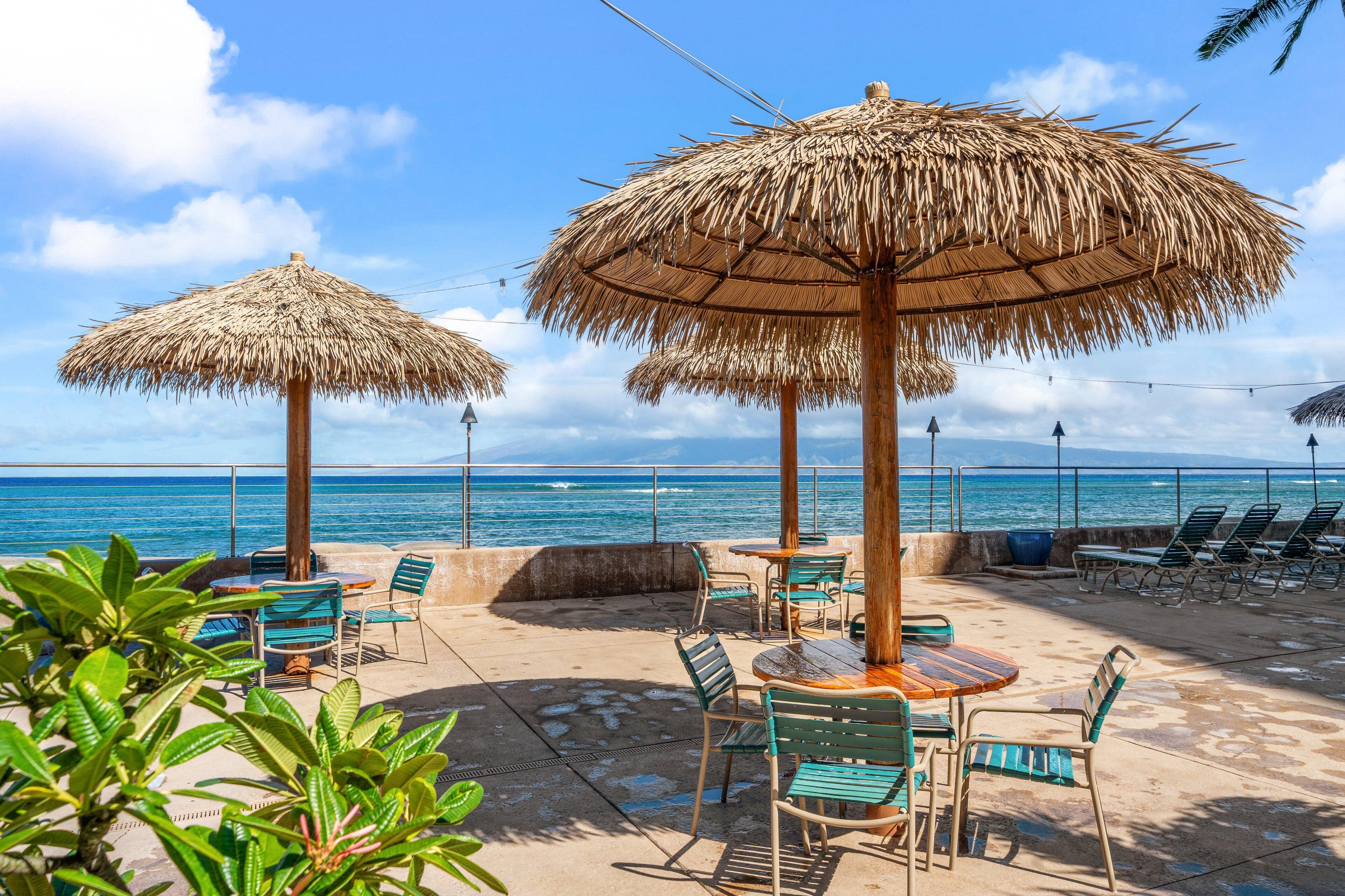 A beachside patio with thatched umbrellas, lounge chairs, and tables, overlooking the ocean.
