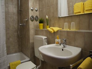 Shower, hair dryer, towels