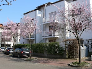 A residential building with a balcony, parked cars, and flowering trees.