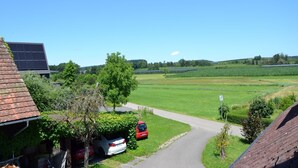 Een landelijk landschap met een weg, geparkeerde auto's en een zonnepaneel op een gebouw.
