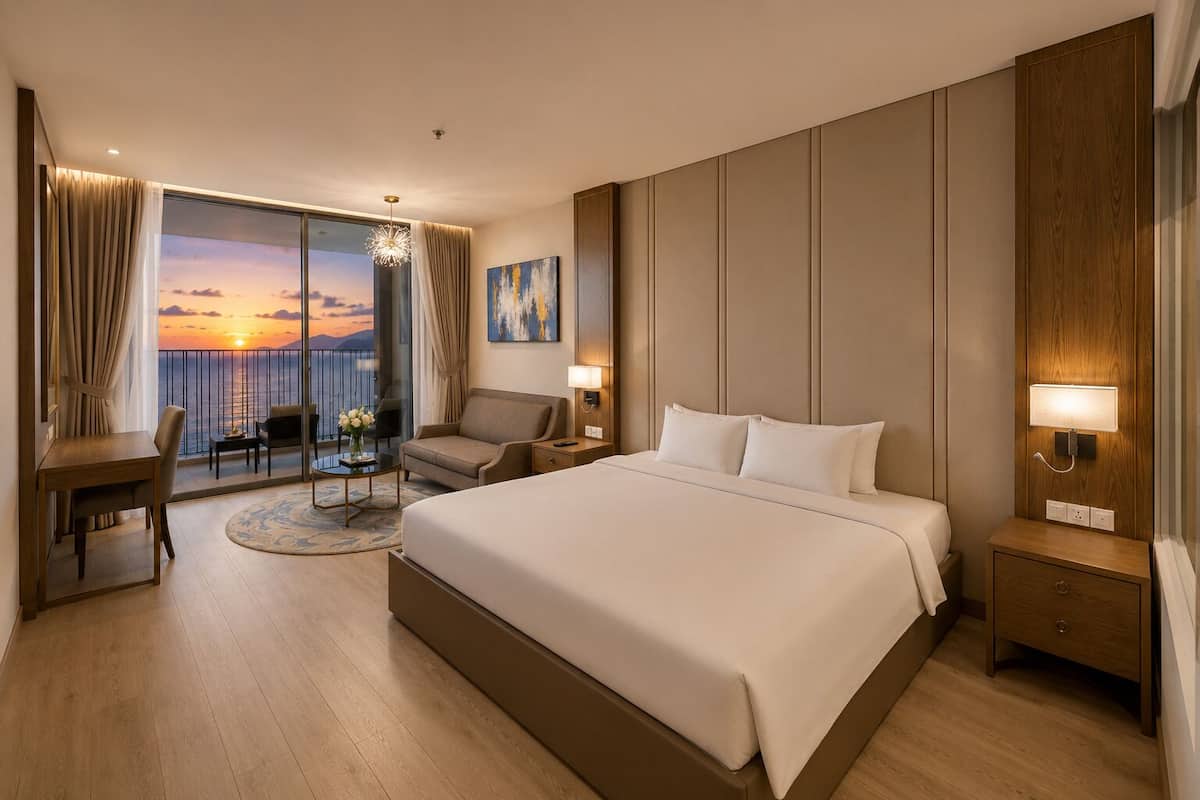 Een hotelkamer met een groot bed, een bureau, een stoel, een klein tafeltje met bloemen, een nachtkastje en uitzicht op de zonsondergang.