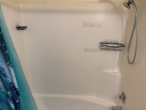 Hair dryer, towels, soap, shampoo