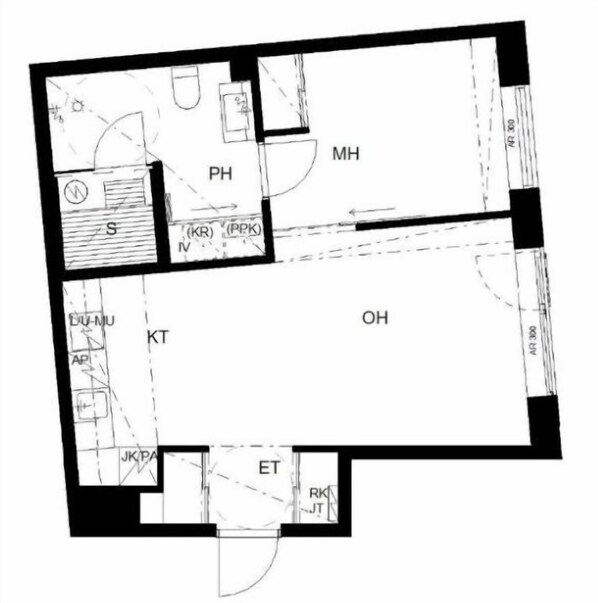 A floor plan with labeled rooms including a kitchen (KT), bathroom (PH), and living area (OH).