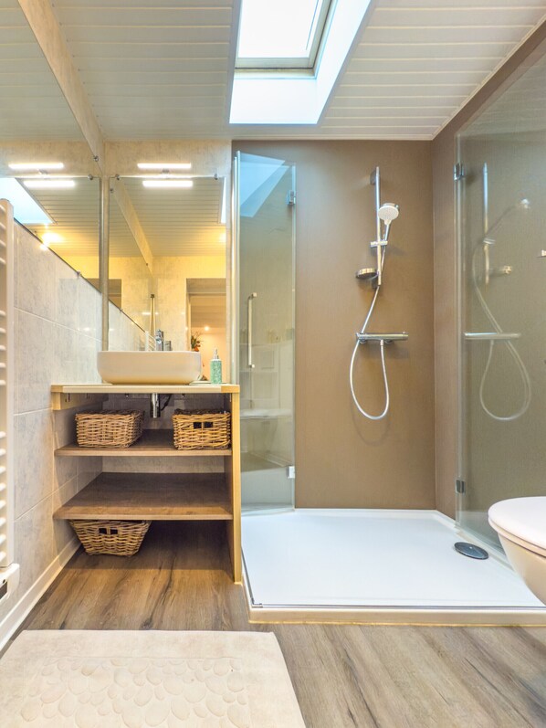 Shower, hair dryer, towels