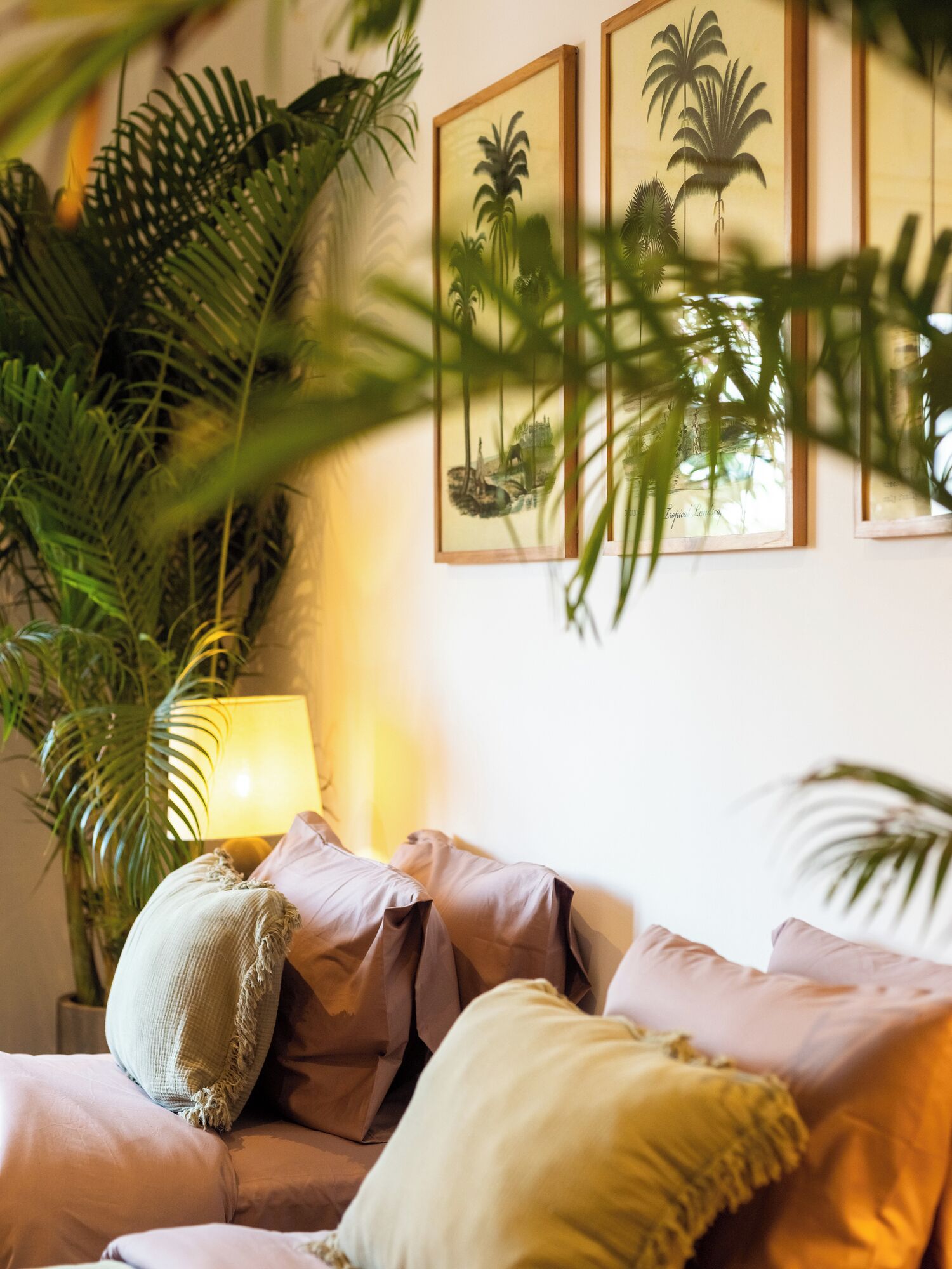 A cozy room with a sofa, a lamp, and framed artwork on the wall.