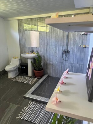 Dusche, Haartrockner, Handtücher, Seife